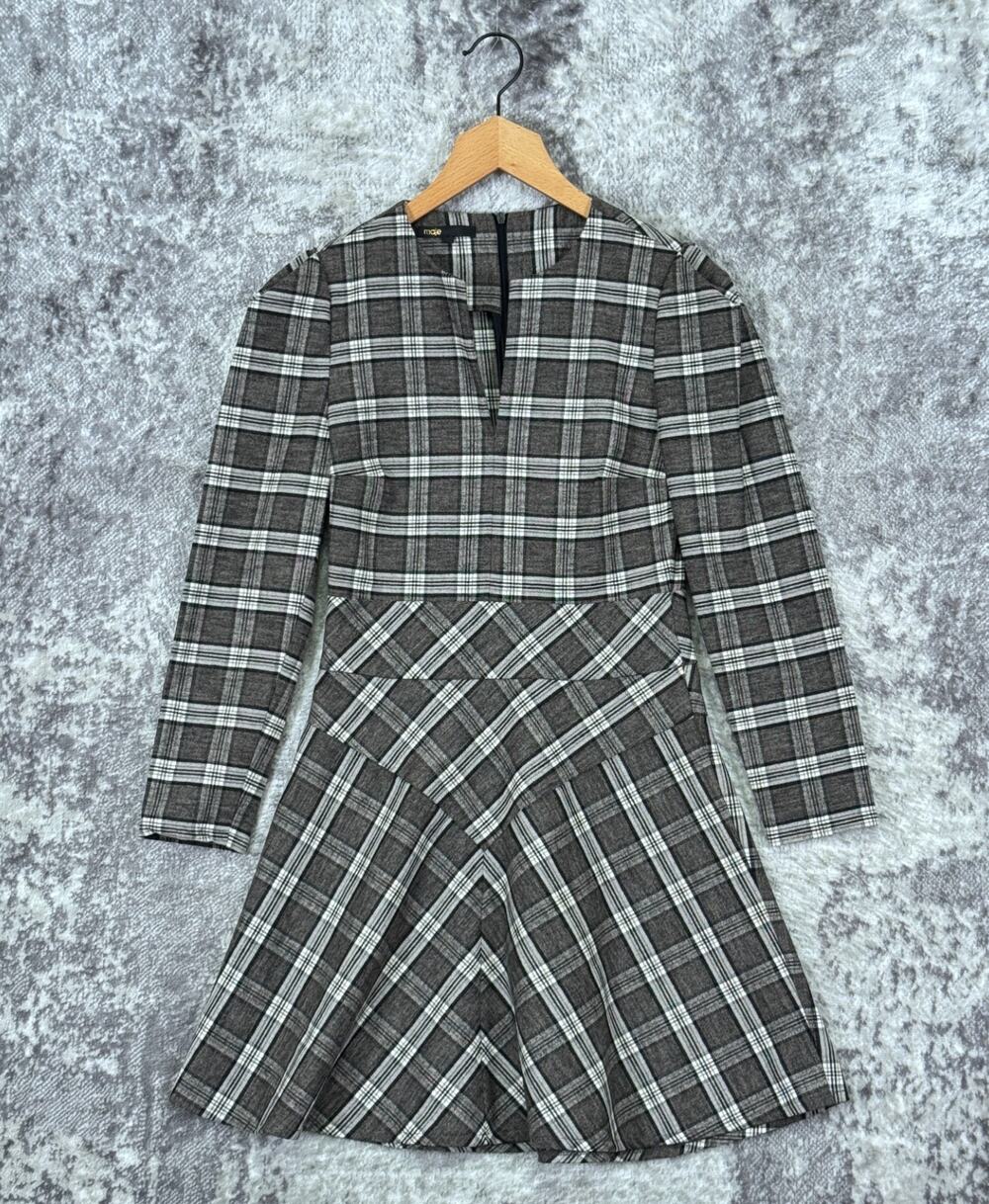 Maje Dress 1 / Small Womens Gray Plaid Wool Blend Flannel Academia